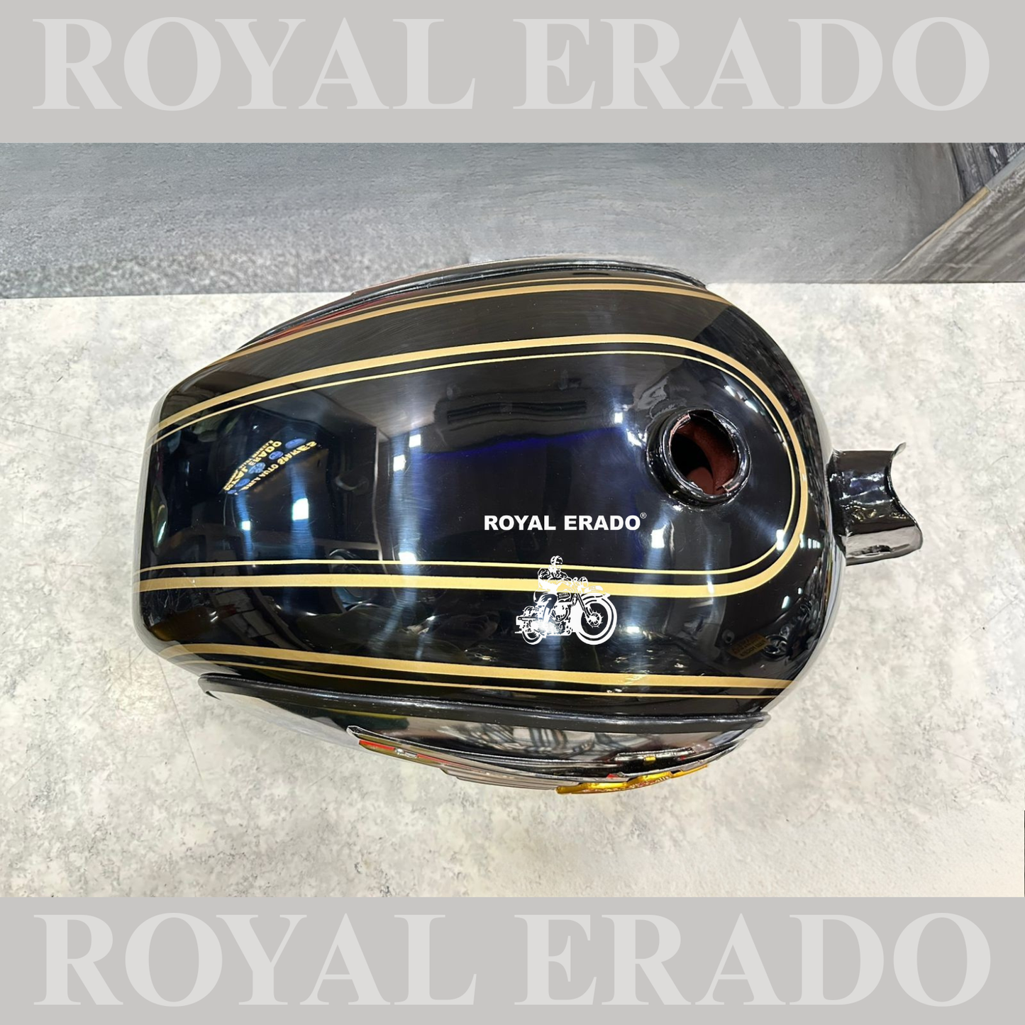 Royal Enfield bullet Classic Electra and Standard tank with Monogram and knee pad in black with golden lining in paint.