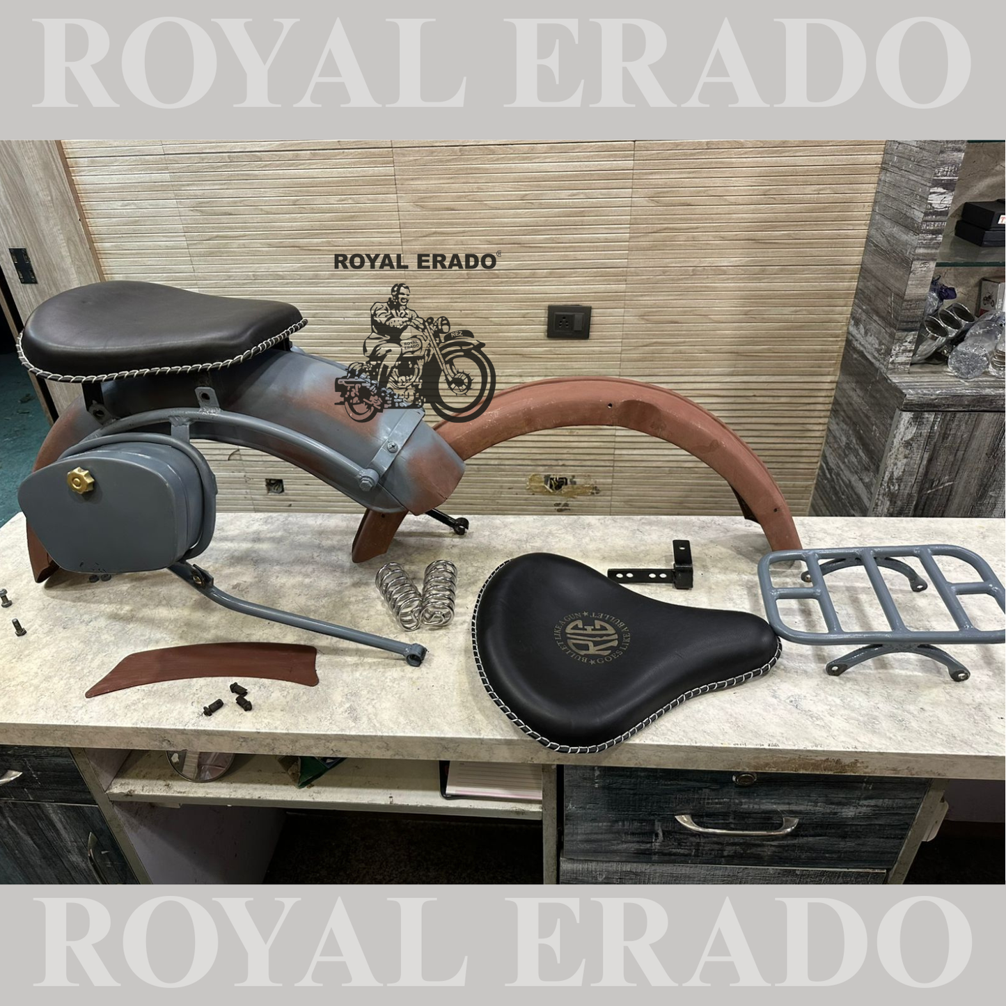 Royal Enfield complete vintage g2 1962 old model kit with g2 mudguards , leather seat , rear replacement Carrier , and rear stay tool boxes.
