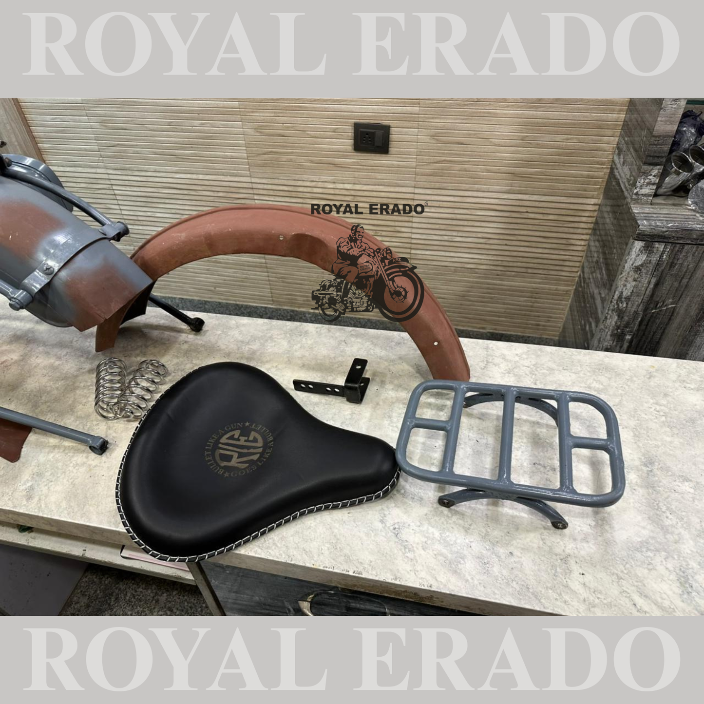 Royal Enfield complete vintage g2 1962 old model kit with g2 mudguards , leather seat , rear replacement Carrier , and rear stay tool boxes.