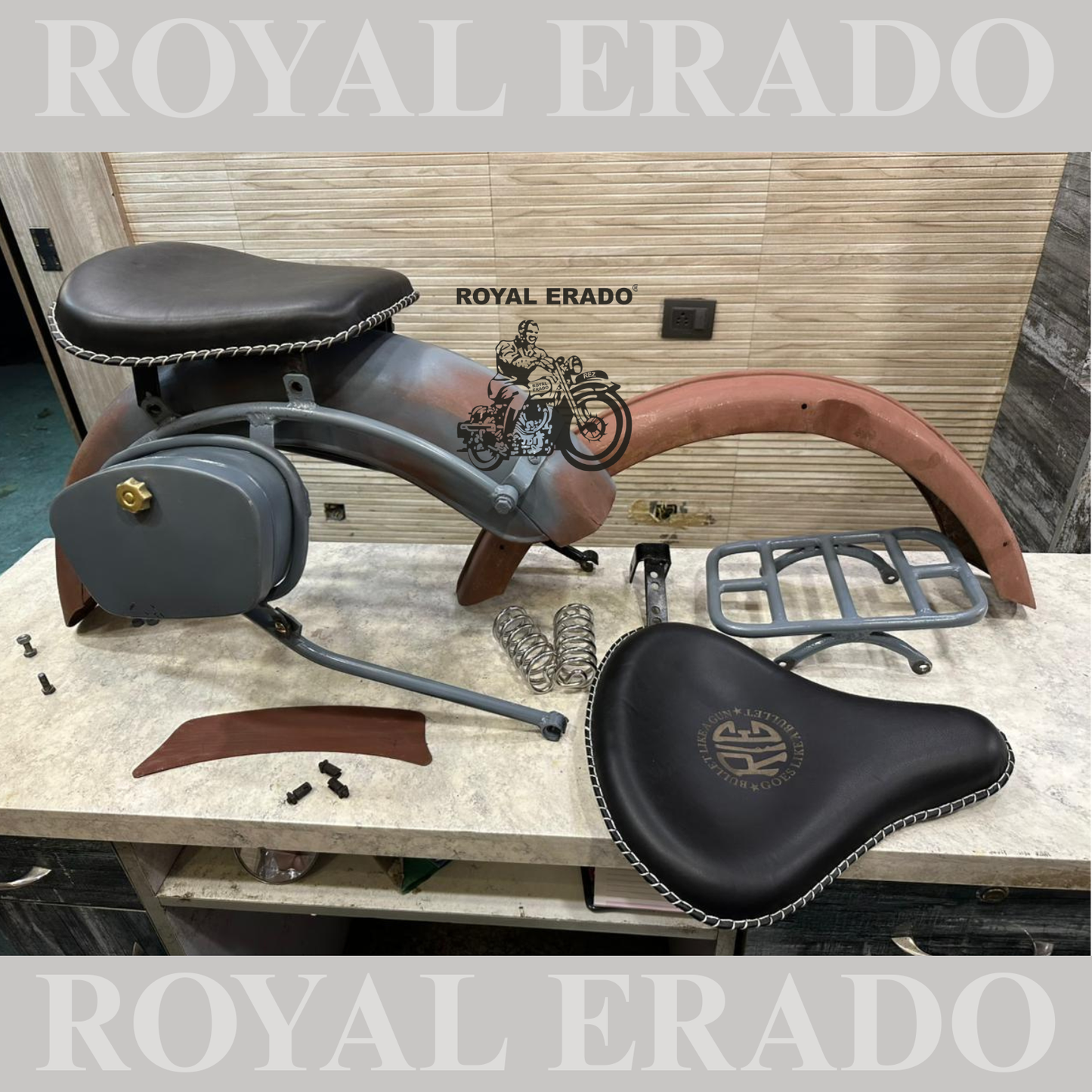 Royal Enfield complete vintage g2 1962 old model kit with g2 mudguards , leather seat , rear replacement Carrier , and rear stay tool boxes.