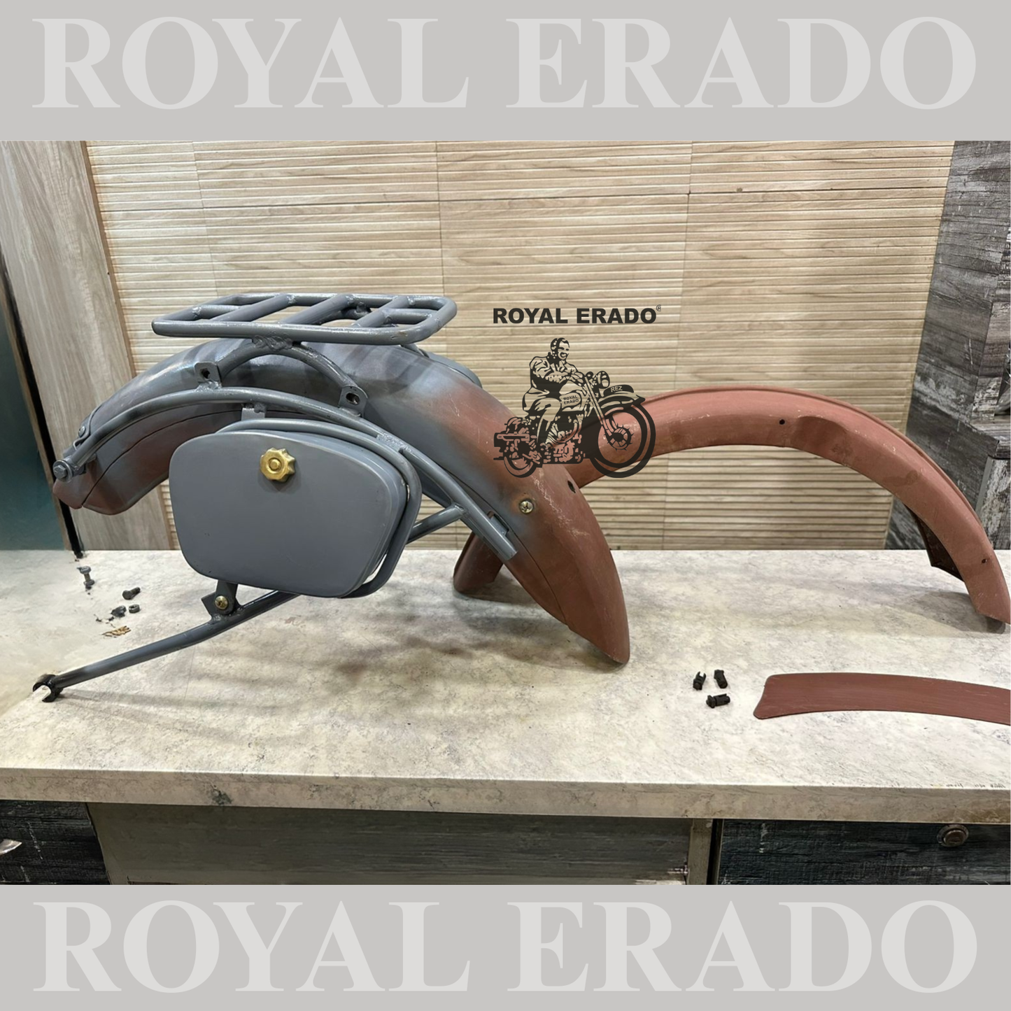 Royal Enfield complete vintage g2 1962 old model kit with g2 mudguards , rear pillion seat carrier and rear stay tool boxes
