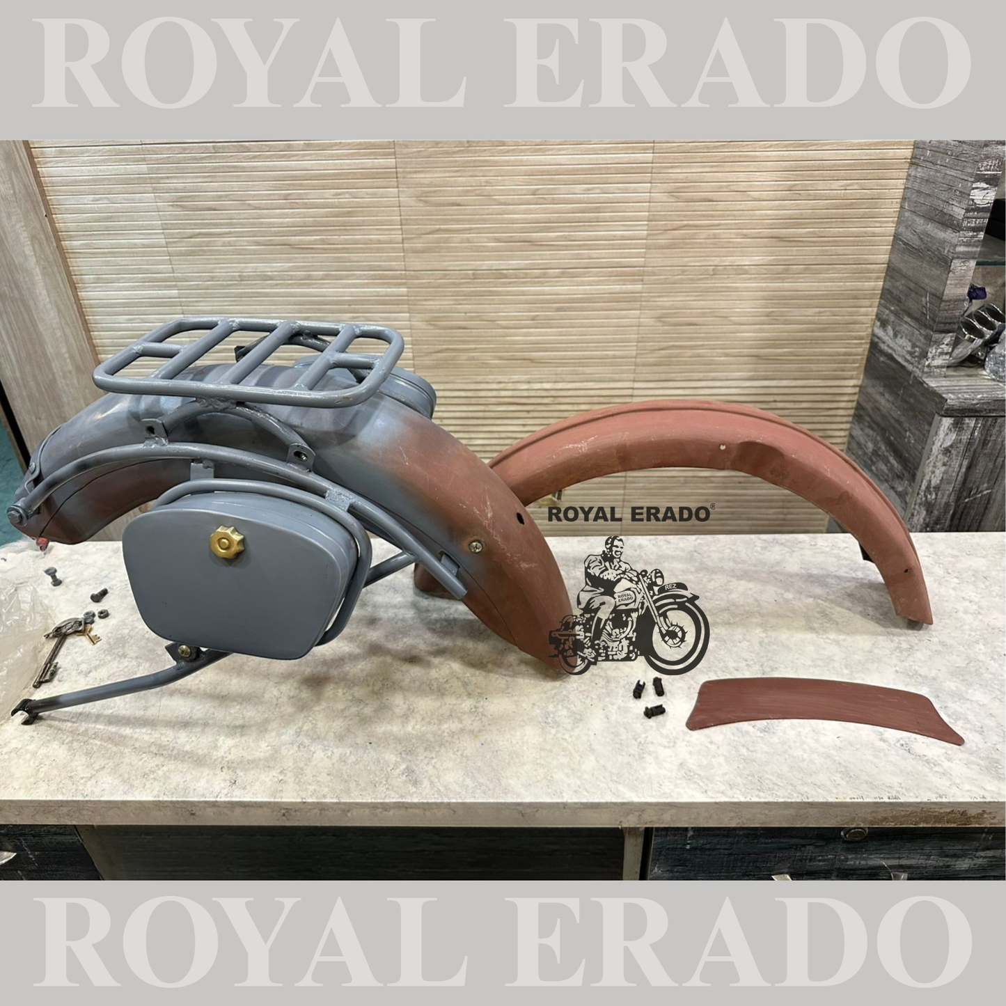 Royal Enfield complete vintage g2 1962 old model kit with g2 mudguards , rear pillion seat carrier and rear stay tool boxes