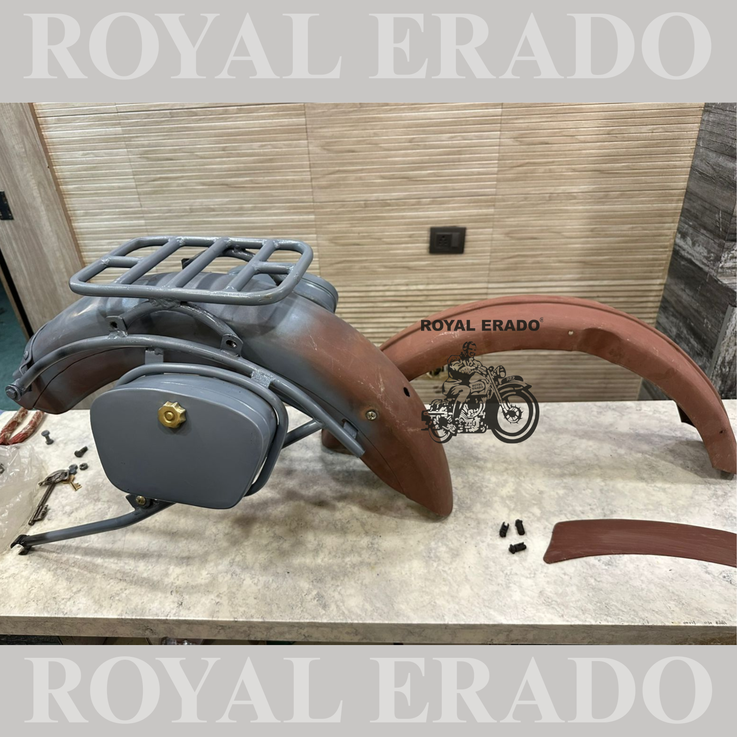 Royal Enfield complete vintage g2 1962 old model kit with g2 mudguards , rear pillion seat carrier and rear stay tool boxes