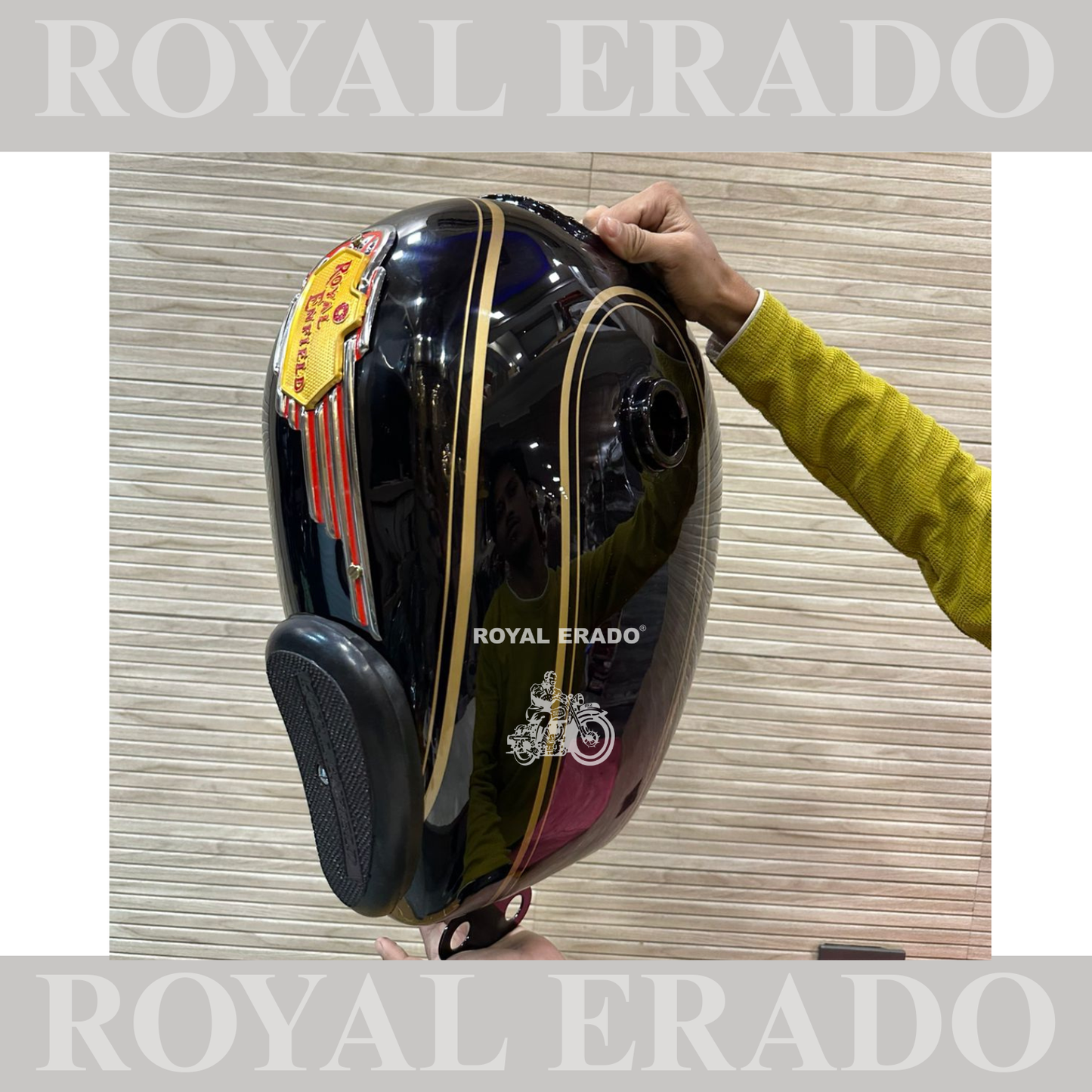 Royal Enfield bullet Classic Electra and Standard tank with Monogram and knee pad in black with golden lining in paint.