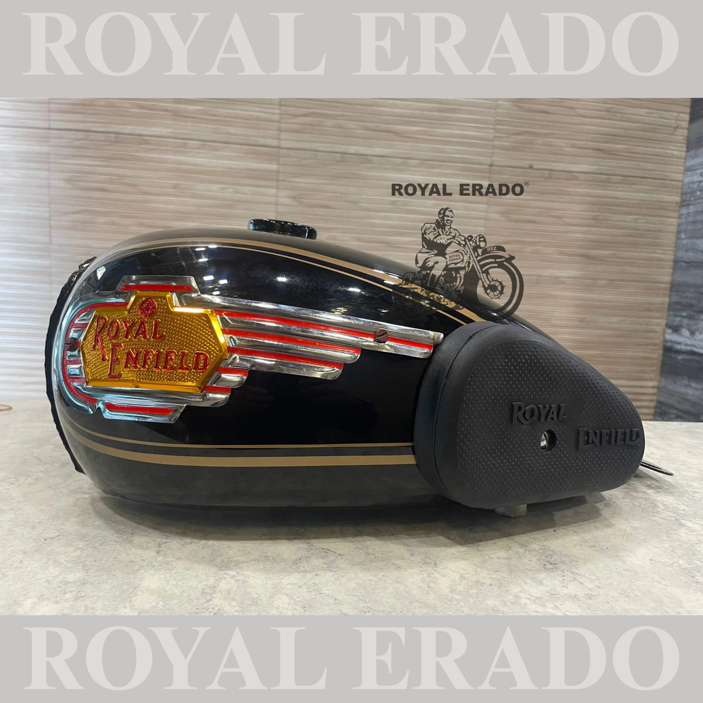 Machismo style tank black with monogram and knee pad for royal enfield g2 vintage & standard electra and classic.