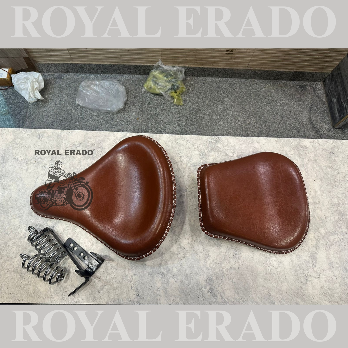 Royal Enfield vintage style Kabir Singh leather seat tan brown with spring old style g2