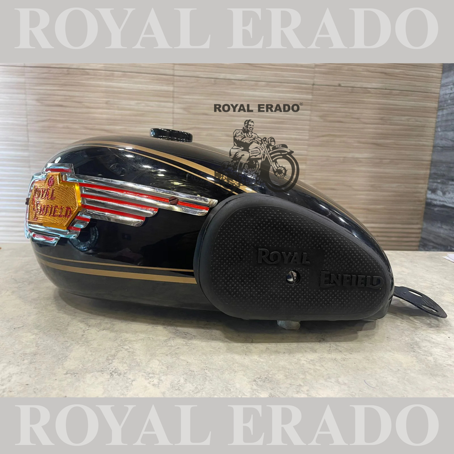 Machismo style tank black with monogram and knee pad for royal enfield g2 vintage & standard electra and classic.