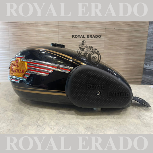 Machismo style tank black with monogram and knee pad for royal enfield g2 vintage & standard electra and classic.