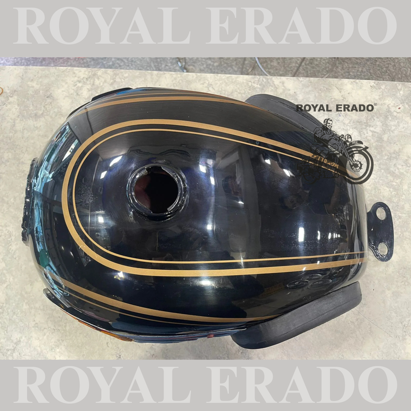 Machismo style tank black with monogram and knee pad for royal enfield g2 vintage & standard electra and classic.