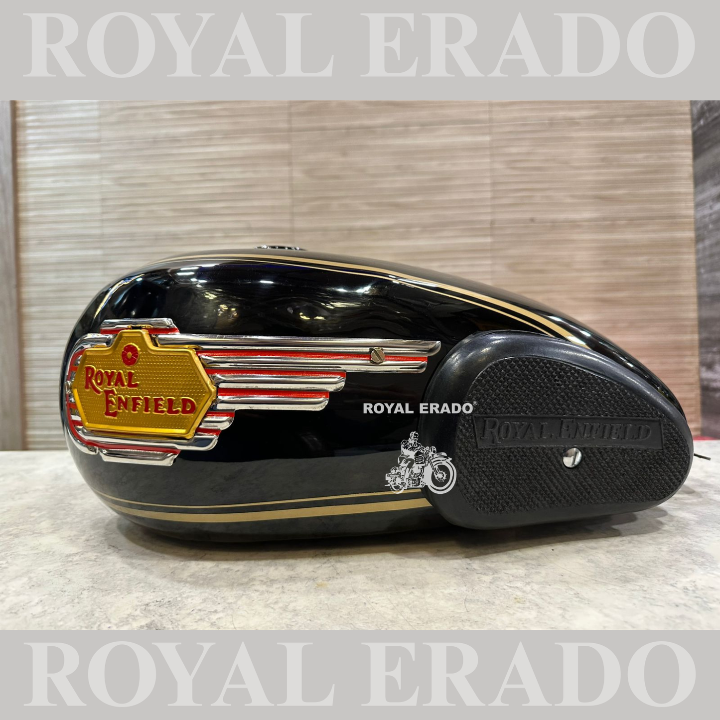 Royal Enfield bullet Classic Electra and Standard tank with Monogram and knee pad in black with golden lining in paint.