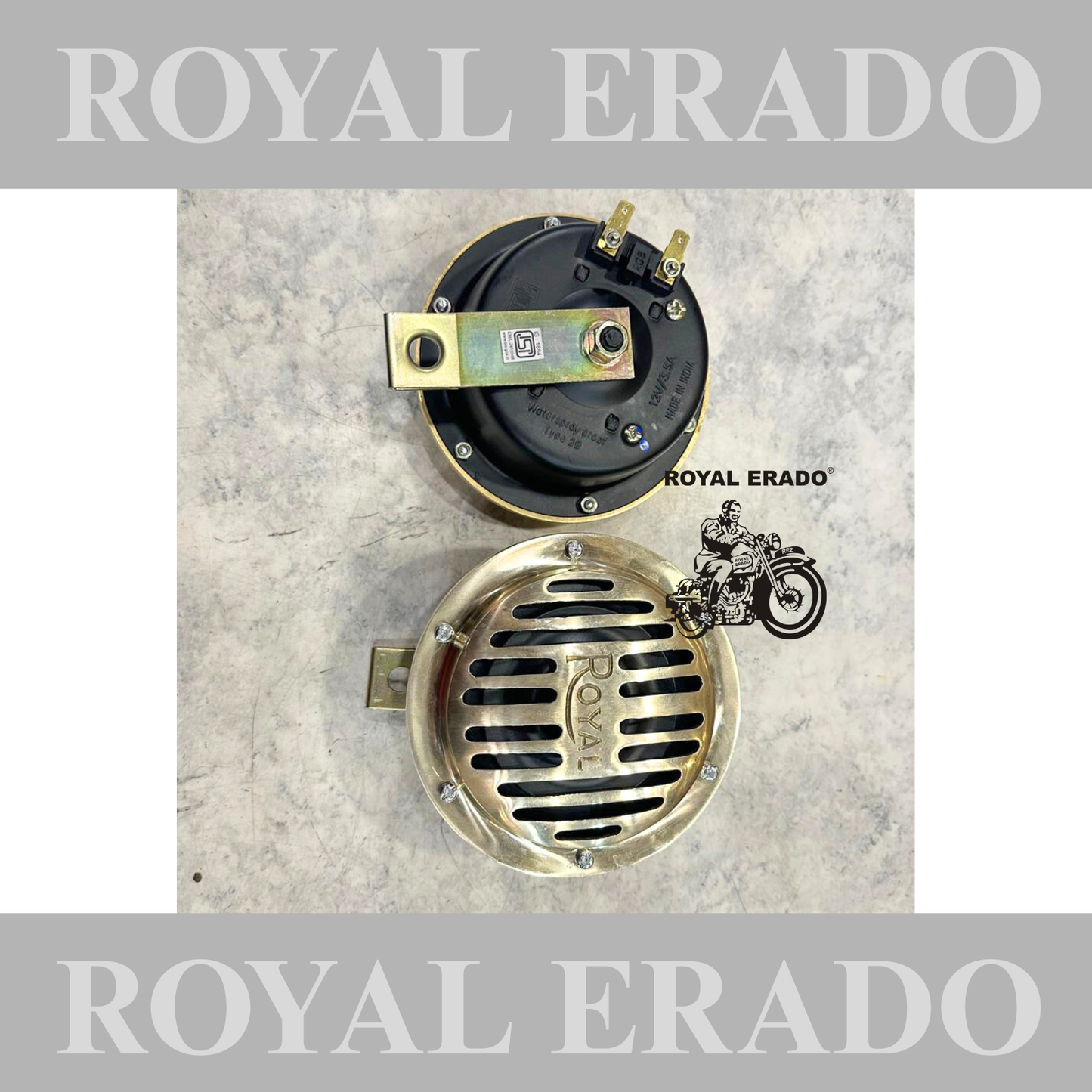 Royal Enfield Brass Roots Vibrasonic Horn set high tone and low tone set for Reborn Classic Electra Battalion Standard Meteor 350 super meteor 650, Himalayan , Hunter 350 , Classic 650 Twin , Interceptor 650 and Continetal Gt650