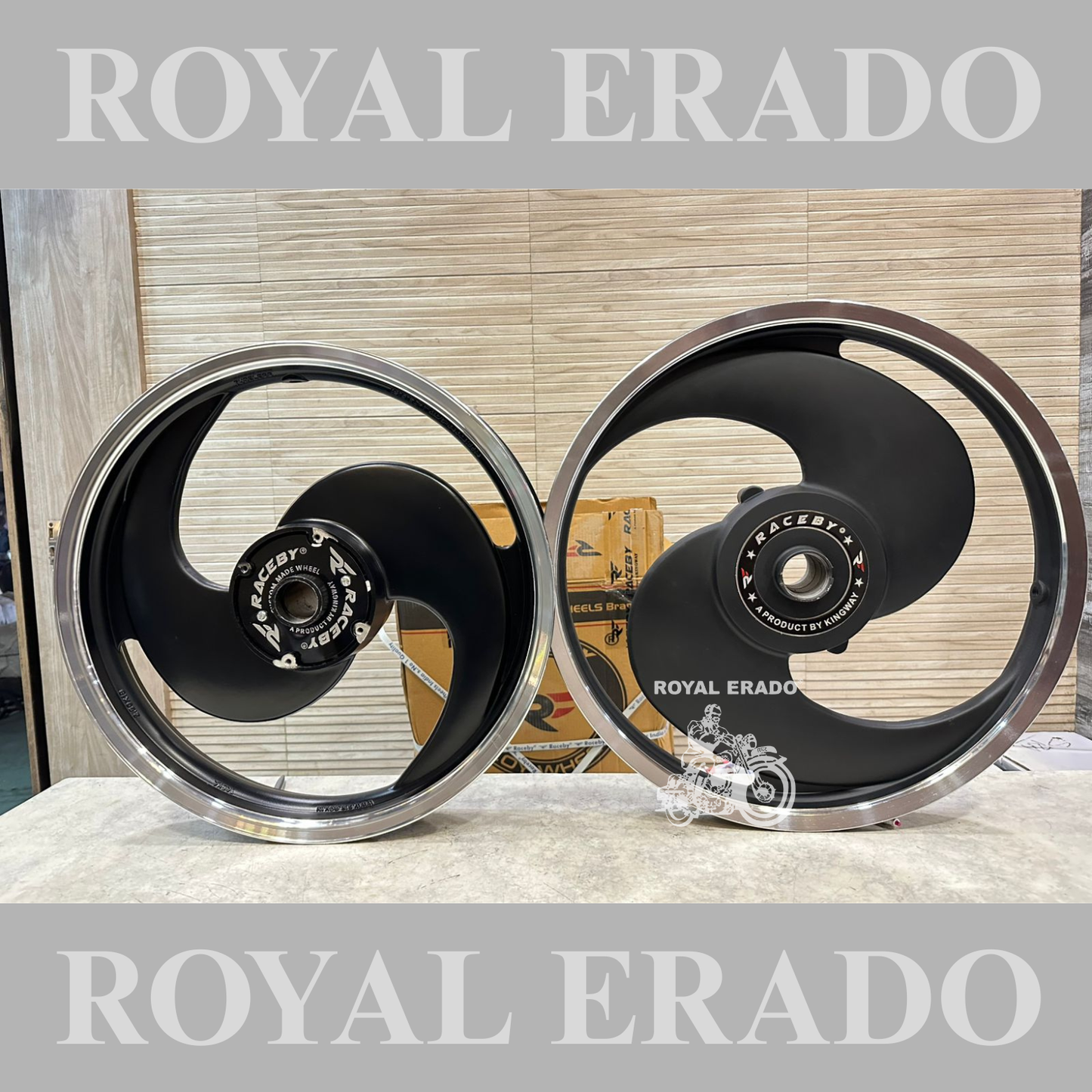 Kingway Raceby Royal Enfield Classic single Disc alloy wheel 2S 2 spoke big S alloy wheel black color.