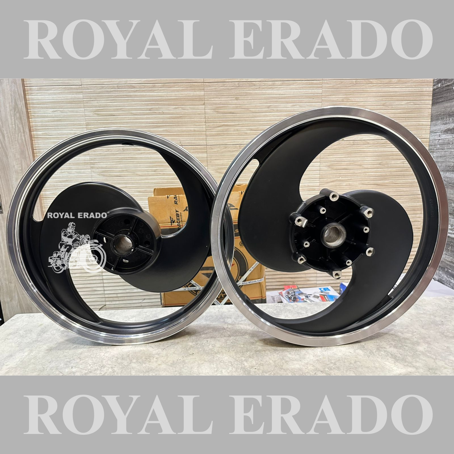 Kingway Raceby Royal Enfield Classic single Disc alloy wheel 2S 2 spoke big S alloy wheel black color.