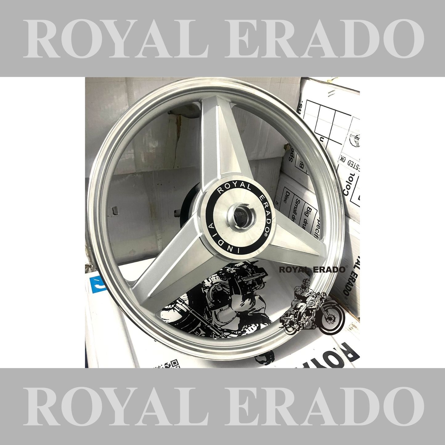 Royal Erado Mercedes Benz design diamond design alloy wheel for Royal Enfield Classic Reborn and Standard Battalion double disc front 19” disc and rear 18” disc.