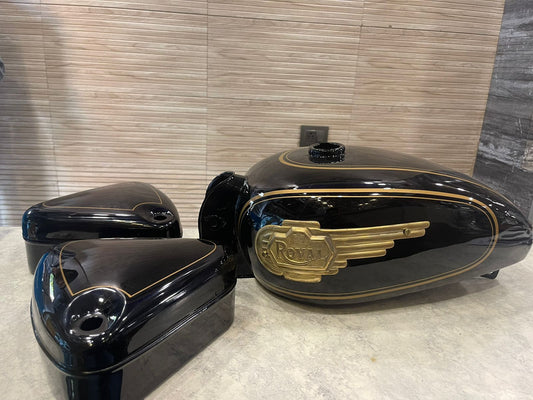 Vintage style tank and tool box for royal enfield g2 and old model standard & electra  in black with brass monogram
