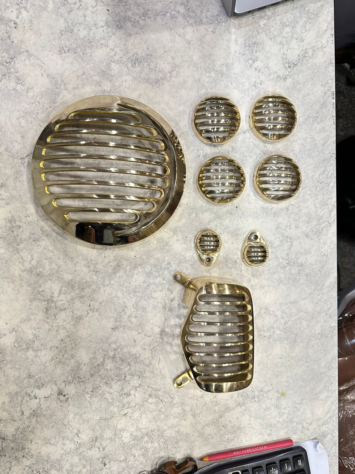 new standaRoyal Enfield new standard battalion brass grill set / jali set for head light / parking light / indicator / tail light.rd battalion brass grill / jali set for head light / parking light / indicator / tail light for Royal Enfield