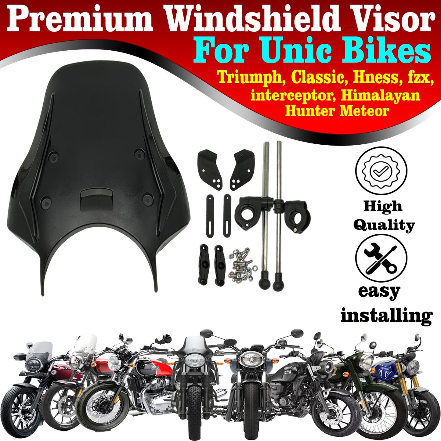 Royal Enfield interceptor 650 himalayan  hunter 350 meteor windshield visor with fitting in black