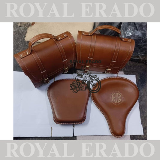 Royal Endfield Classic Electra or Standard seat with spring and saddle bag set in pure leather in brown tan color