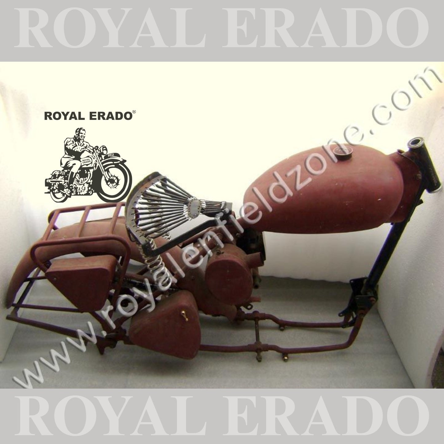 Royal Enfield old model chassis with tank tool box aur filter box and seat with carrier