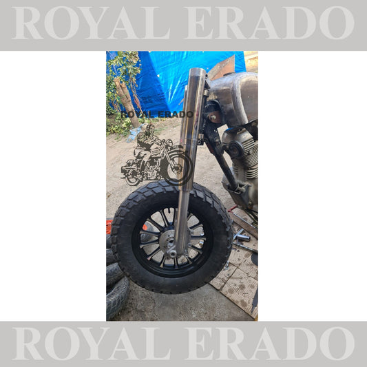 Front broad fork with alloy and tire for 150 number tire at front fit to royal Enfield Classic Electra or Standard to make bobber Harley 883 and Harley 48 style