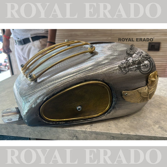 Royal Enfield Classic Electra Standard tank in raw with brass star monogram , brass grill and brass knee pads