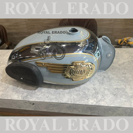 Royal Enfield Classic Electra Standard vintage g2 old model 1962 tank in chrome and redditch blue color with brass monogram , rubber knee pads  and golden lining