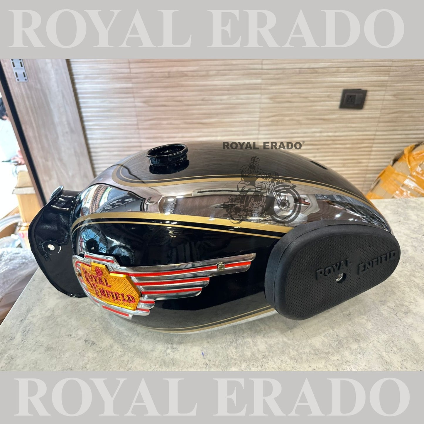 Royal Enfield tank old model tank 1962 vintage g2 style machismo tank with knee pad and monogram in black chrome&nbsp;