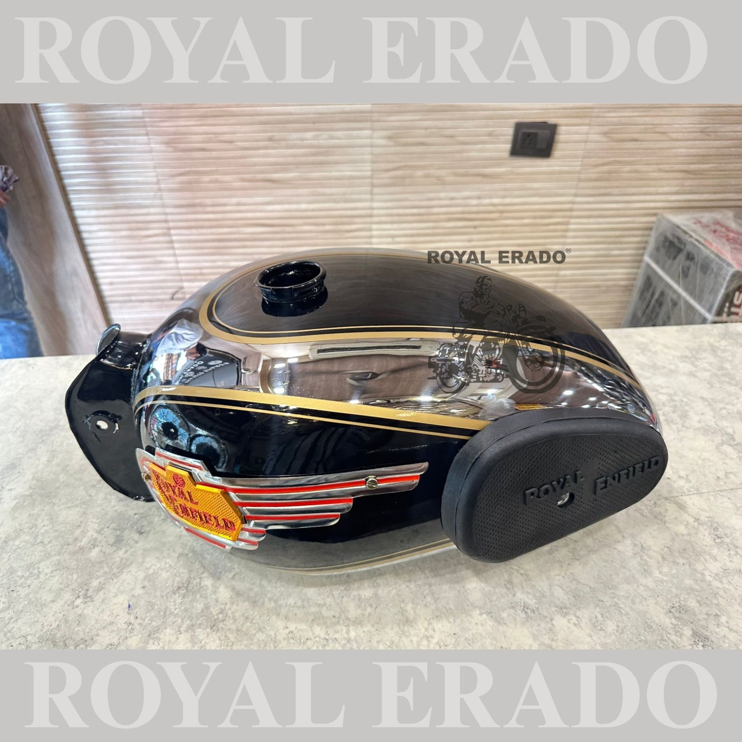 Royal Enfield tank old model tank 1962 vintage g2 style machismo tank with knee pad and monogram in black chrome&nbsp;