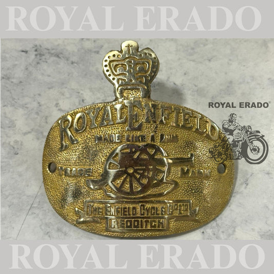 Royal Enfield made like a gun logo CAD monogram for rear mudguard in brass for Reborn Classic Electra Standard Battalion Meteor 350 , Super Meteor 650 , Hunter 350 and all vintage g2 old model Royal Enfield