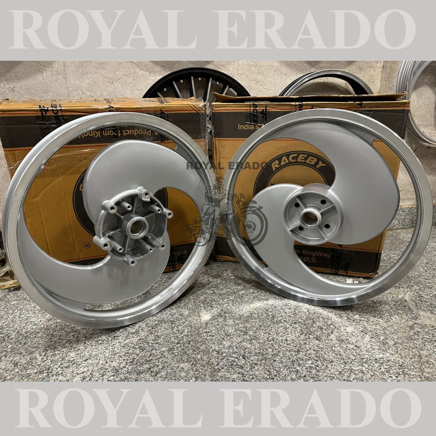 Kingway Raceby Royal Enfield Electra and Standard abs alloy wheel 2S spoke big S alloy wheel silver color.