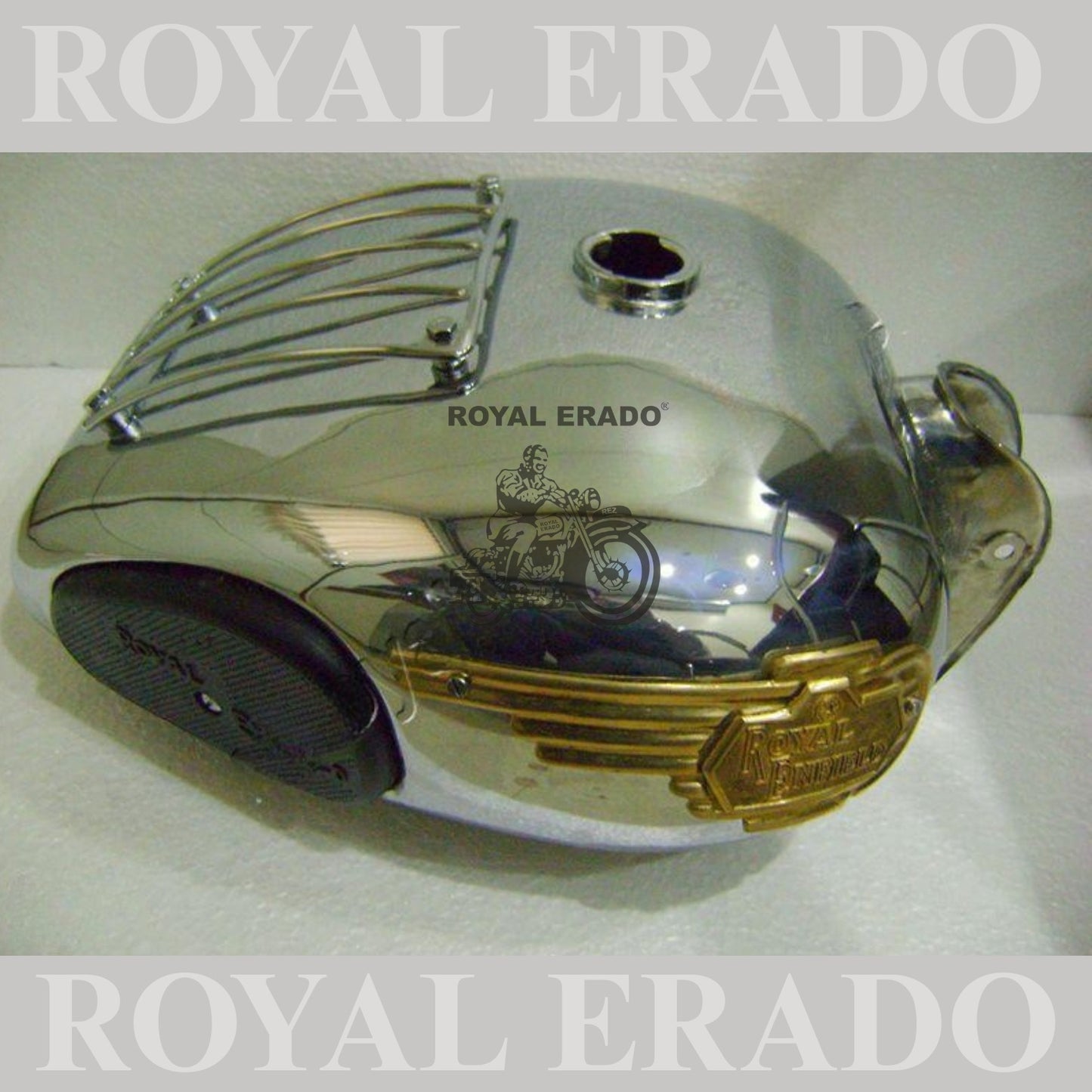 Royal Enfield Classic Electra Standard 18 to 20 litters tank in chrome with grill and knee pad  brass monogram