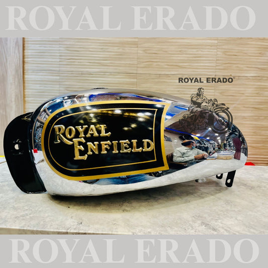 Royal Enfield classic style chrome black tank for Electra Standard and Classic with golden lining.