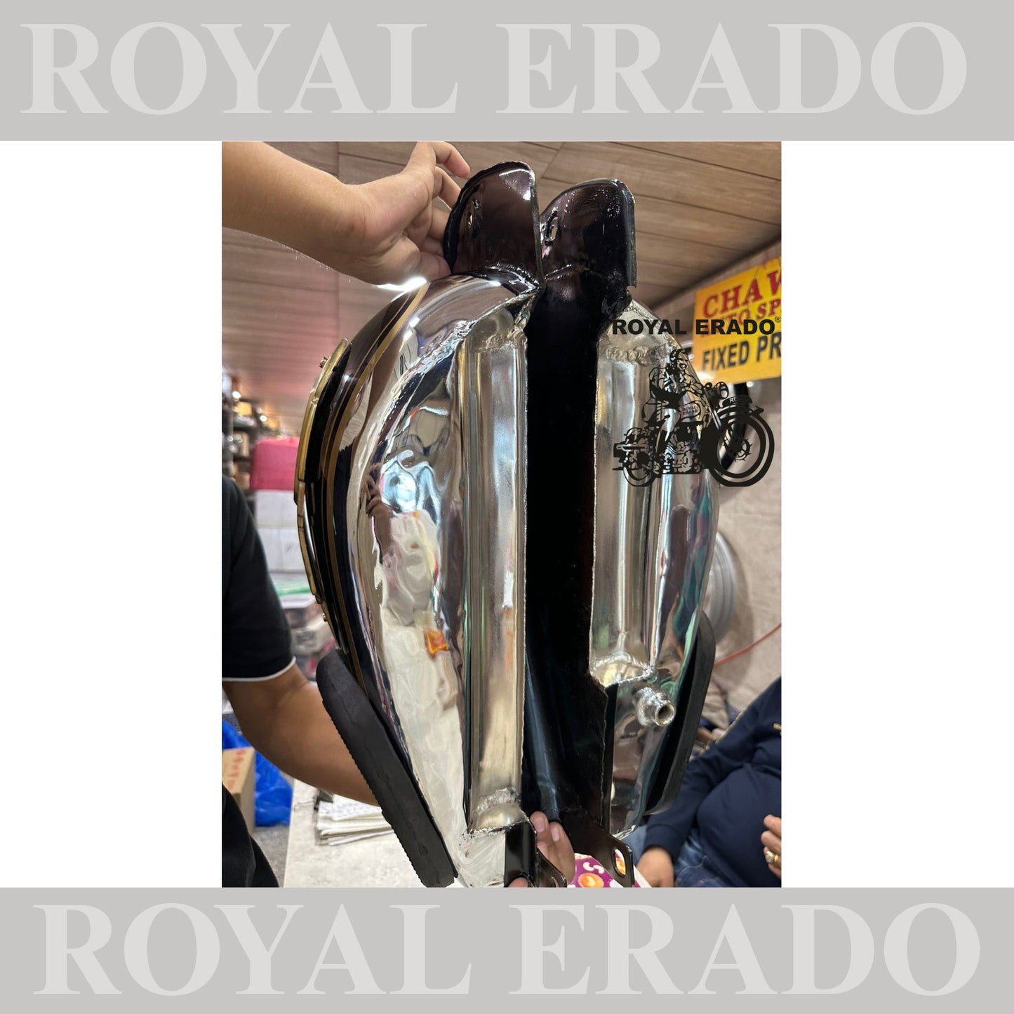 Royal Enfield old model vintage style 1962 model g2 Machismo tank in chrome and black with knee pad and brass monogram for Classic , Electra or Standard