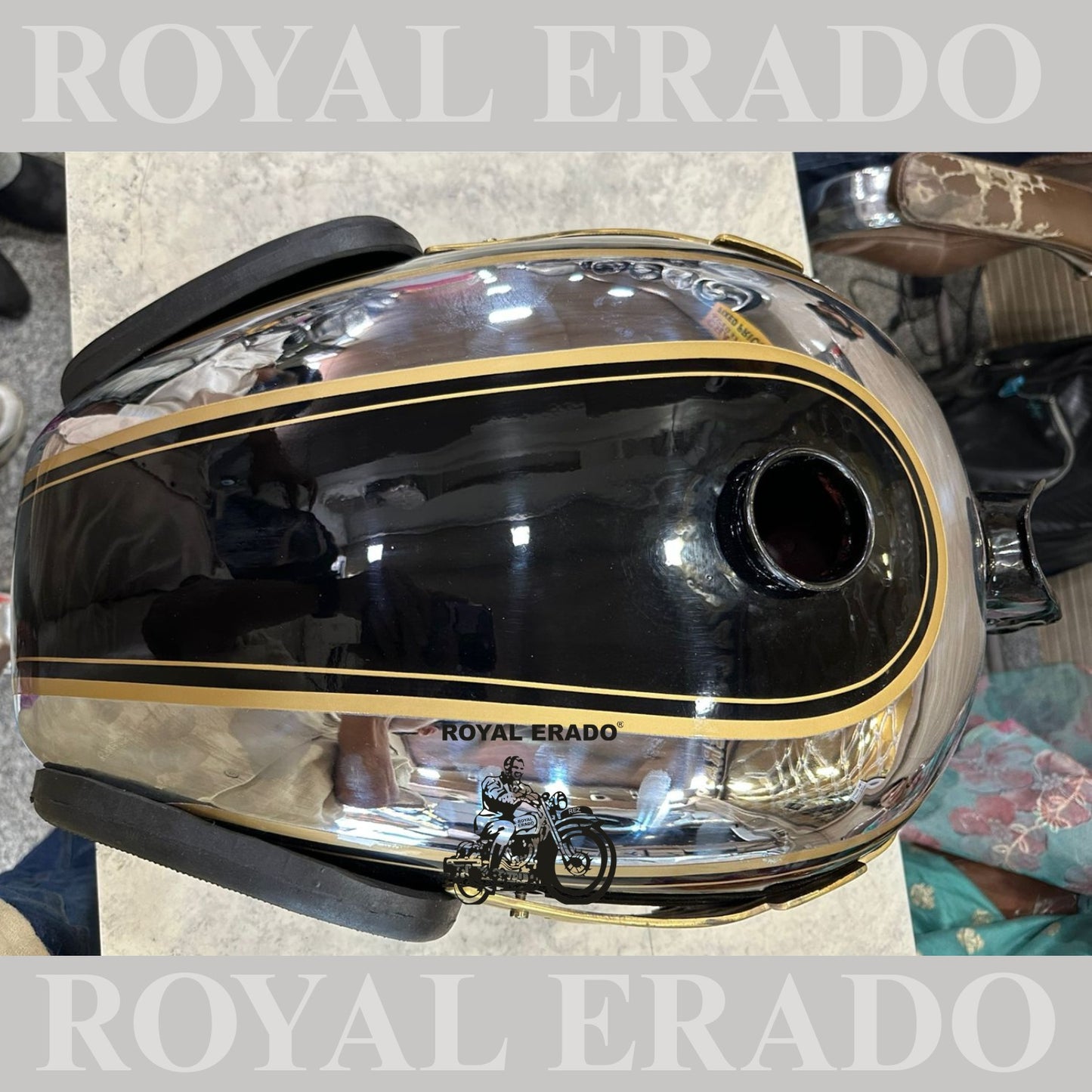 Royal Enfield old model vintage style 1962 model g2 Machismo tank in chrome and black with knee pad and brass monogram for Classic , Electra or Standard