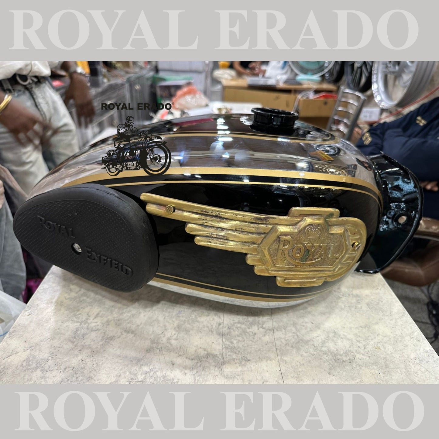 Royal Enfield old model vintage style 1962 model g2 Machismo tank in chrome and black with knee pad and brass monogram for Classic , Electra or Standard
