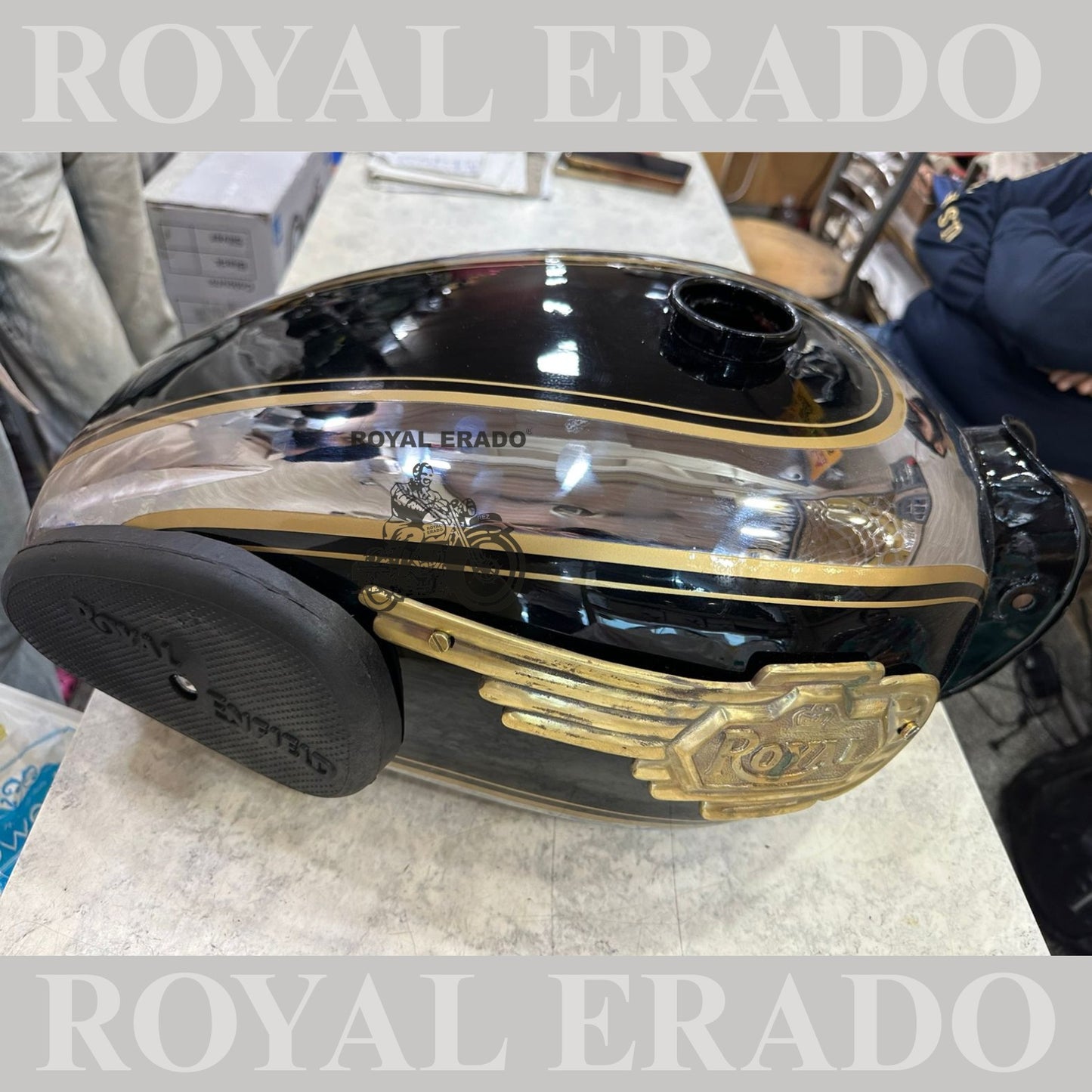 Royal Enfield old model vintage style 1962 model g2 Machismo tank in chrome and black with knee pad and brass monogram for Classic , Electra or Standard