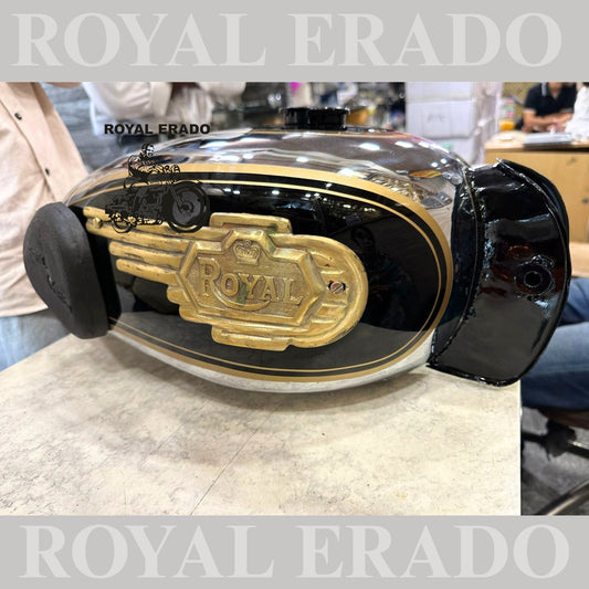 Royal Enfield old model vintage style 1962 model g2 Machismo tank in chrome and black with knee pad and brass monogram for Classic , Electra or Standard