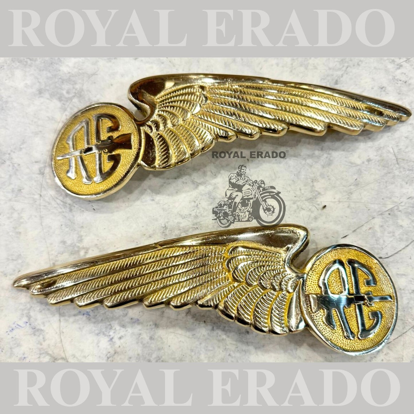 Royal Enfield RE gun wing monogram in brass tank monogram ,  Custom bobber Royal Enfield wing monograms