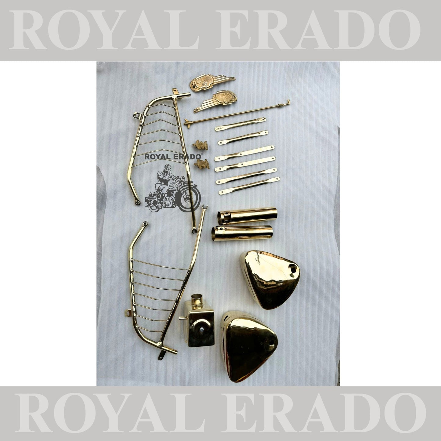 Royal Enfield brass kit can be made for Classic Electra and Standard  Includes front and rear mudguard stays with saree guard , tool box brass , air filter box brass ,shocker cover brass , rear brake rod , tank monogram , 2pcs made like a gun monogram