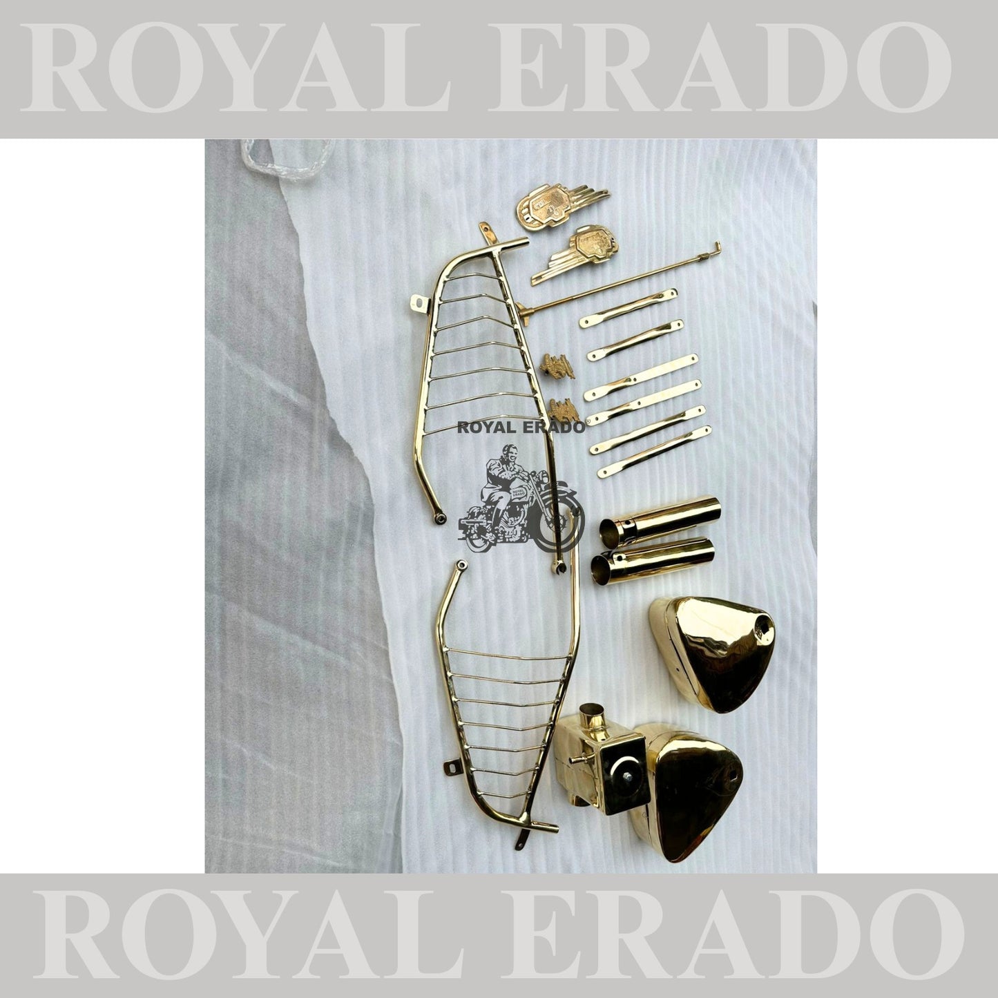 Royal Enfield brass kit can be made for Classic Electra and Standard  Includes front and rear mudguard stays with saree guard , tool box brass , air filter box brass ,shocker cover brass , rear brake rod , tank monogram , 2pcs made like a gun monogram