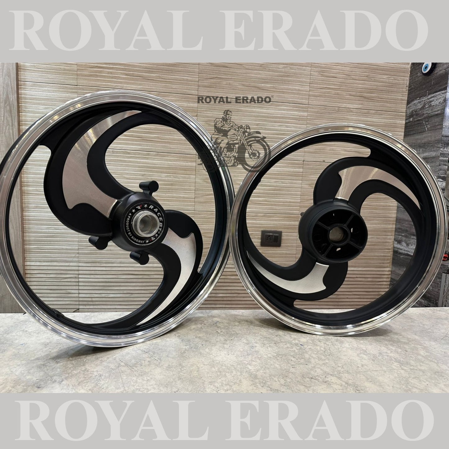 Raceby / kingway 2 spoke 2 s Talwar alloy wheel in black Royal Enfield Reborn Classic and Standard battalion double disc alloy wheel
