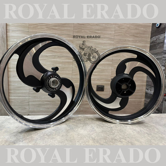 Raceby / kingway 2 spoke 2 s Talwar alloy wheel in black Royal Enfield Reborn Classic and Standard Battalion single disc alloy wheel