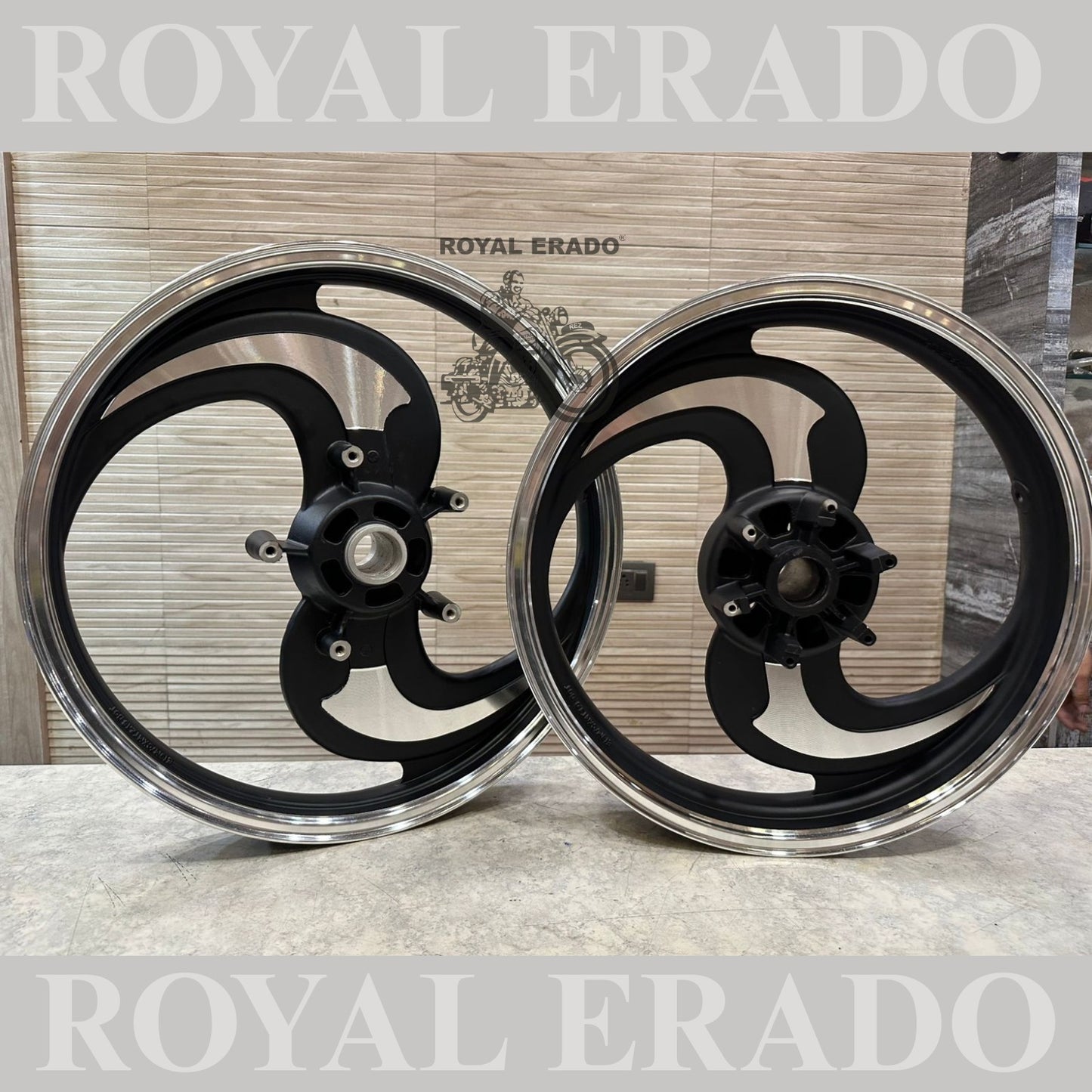 Raceby / kingway 2 spoke 2 s Talwar alloy wheel in black Royal Enfield Reborn Classic and Standard Battalion single disc alloy wheel