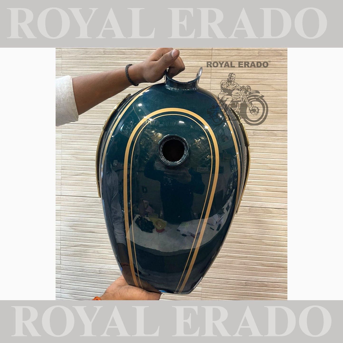 Vintage style tank and tool box for Royal Enfield g2 and old model Standard Electra in metallic green with brass monogram