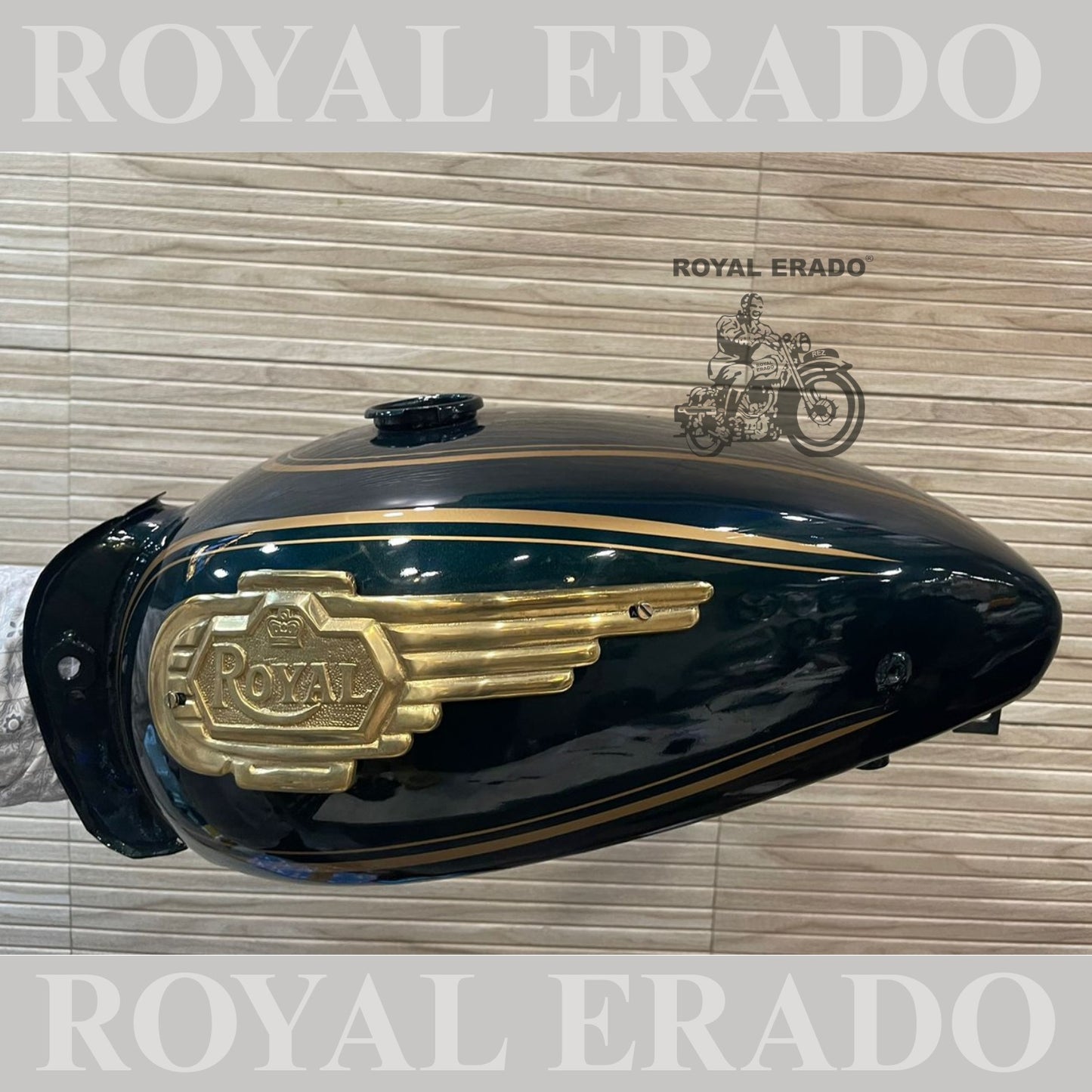 Vintage style tank and tool box for Royal Enfield g2 and old model Standard Electra in metallic green with brass monogram