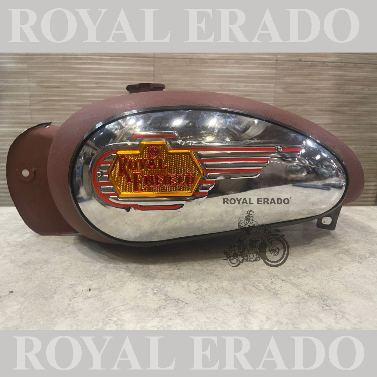 Royal Enfield 14 litters raw tank with side chrome plates and monograms for Royal Enfield Classic Electra or Standard vintage g2 old 1962 model