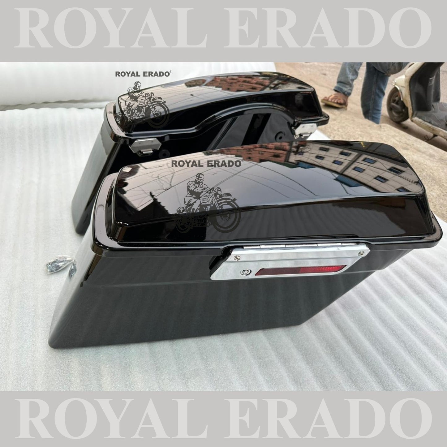 Harley Davidson style side boxes for all bikes Royal Enfield Super Meteor 650 fab bob chief India dark horse and other cruiser bikes