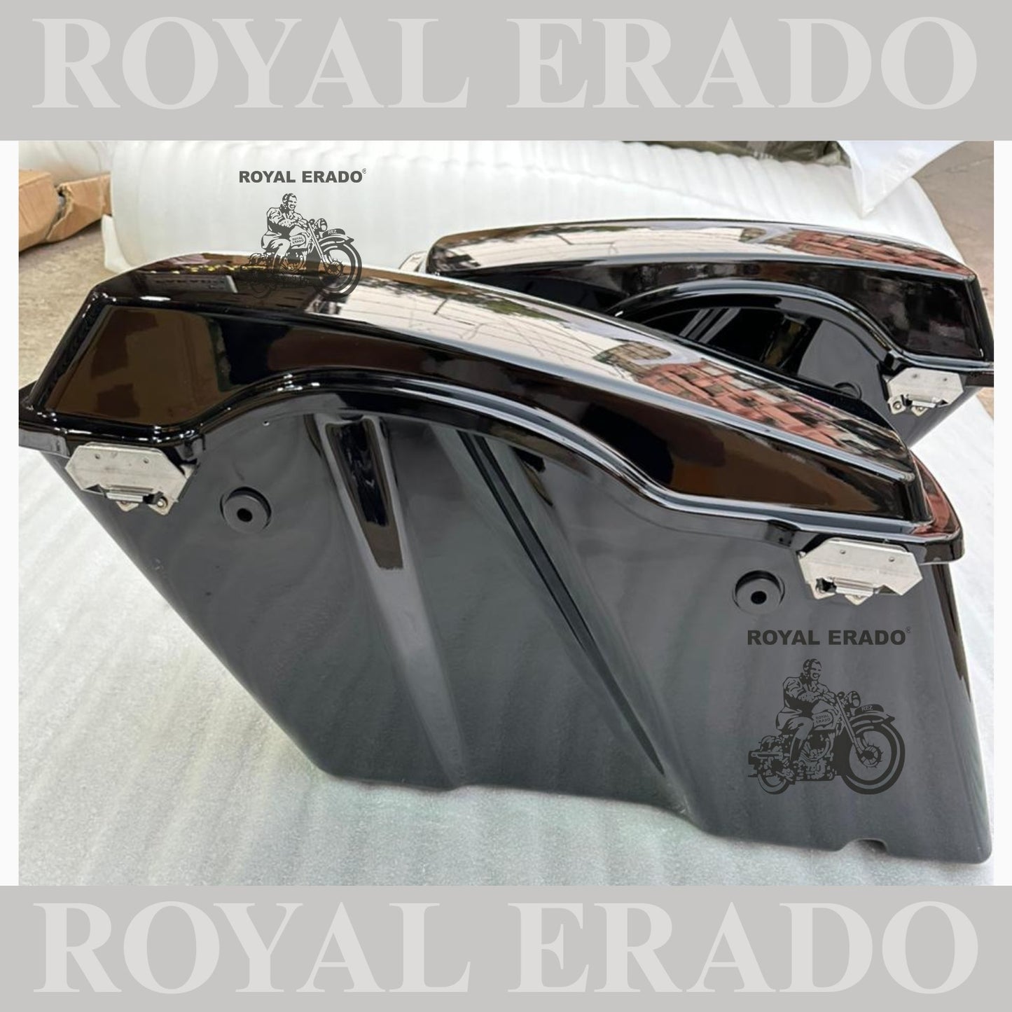 Harley Davidson style side boxes for all bikes Royal Enfield Super Meteor 650 fab bob chief India dark horse and other crosier bikes
