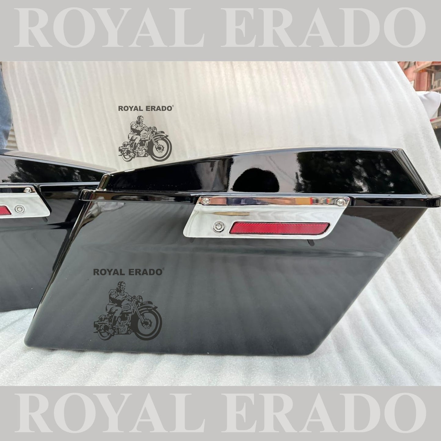 Harley Davidson style side boxes for all bikes Royal Enfield Super Meteor 650 fab bob chief India dark horse and other crosier bikes