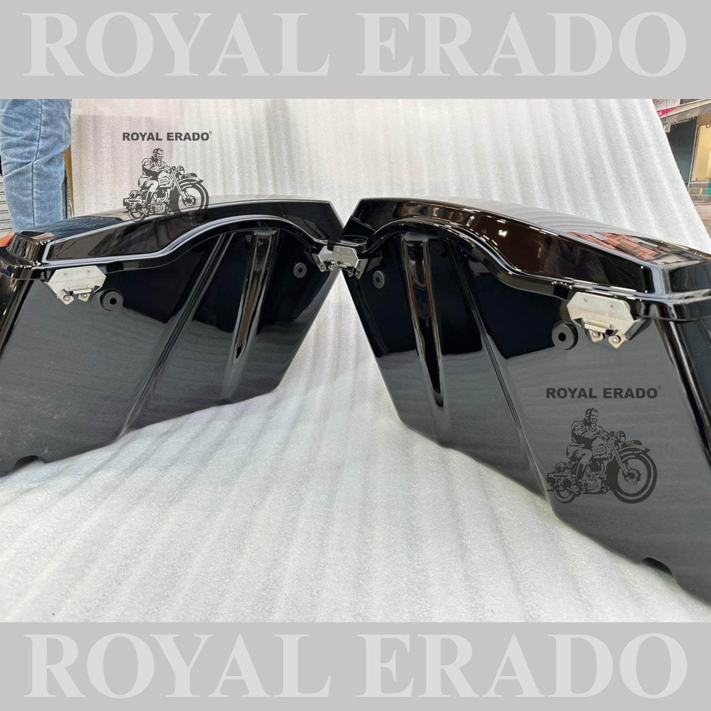 Harley Davidson style side boxes for all bikes Royal Enfield Super Meteor 650 fab bob chief India dark horse and other crosier bikes